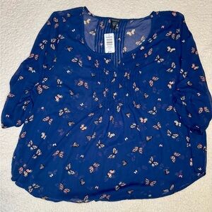 Torrid Navy Butterfly Print Chiffon Blouse